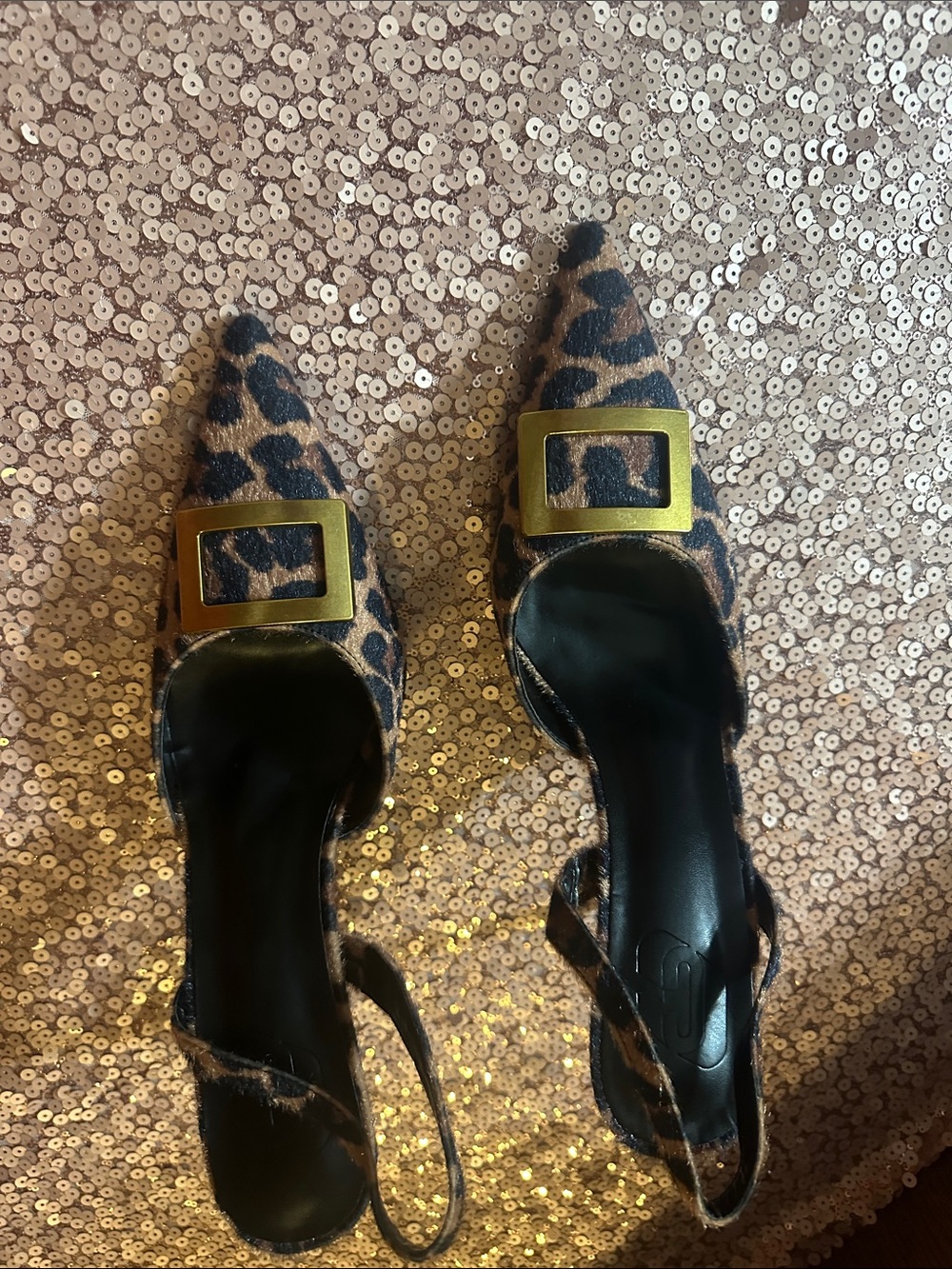 Leopard Print Pointed Slingback Heels with Gold Buckle